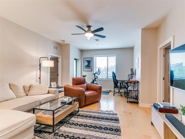 living area with visible vents, a ceiling fan, and light wood-style flooring