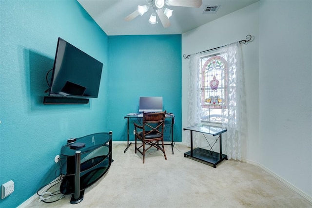 4408 32nd Pl, Oklahoma City, OK 73112 - carpeted home office with visible vents, baseboards, and ceiling fan