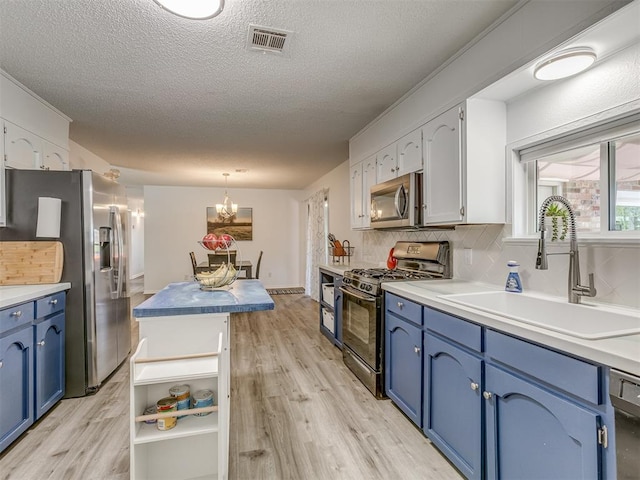 kitchen with a sink, appliances with stainless steel finishes, light wood-style floors, a textured ceiling, and blue cabinets