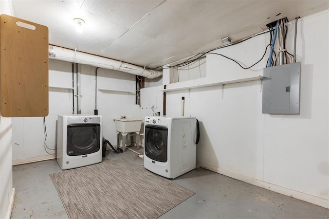 905 NW 40th St, Oklahoma City, OK 73118 - laundry room with laundry area, washing machine and dryer, a sink, and electric panel