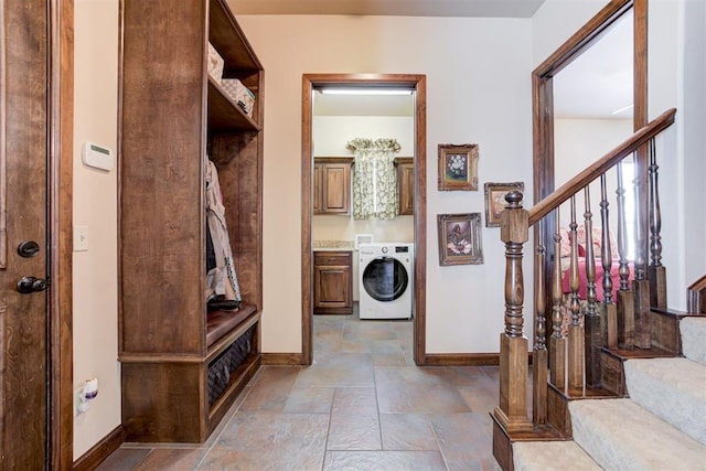 2293 Cottage Ln, Blanchard, OK 73010 - mudroom featuring washer / clothes dryer and stone finish floors
