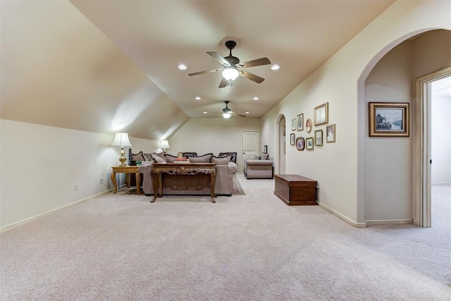 2293 Cottage Ln, Blanchard, OK 73010 - bedroom with arched walkways, light colored carpet, lofted ceiling, and recessed lighting