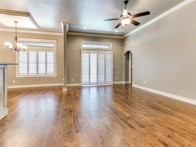 13340 Greenscape Rd, Piedmont, OK 73078 - spare room featuring ornamental molding, a healthy amount of sunlight, baseboards, and ceiling fan with notable chandelier