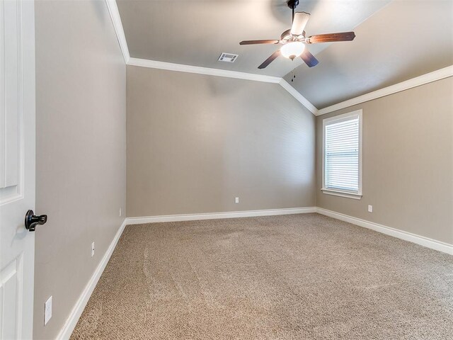 13340 Greenscape Rd, Piedmont, OK 73078 - carpeted empty room featuring baseboards, ornamental molding, a ceiling fan, visible vents, and lofted ceiling