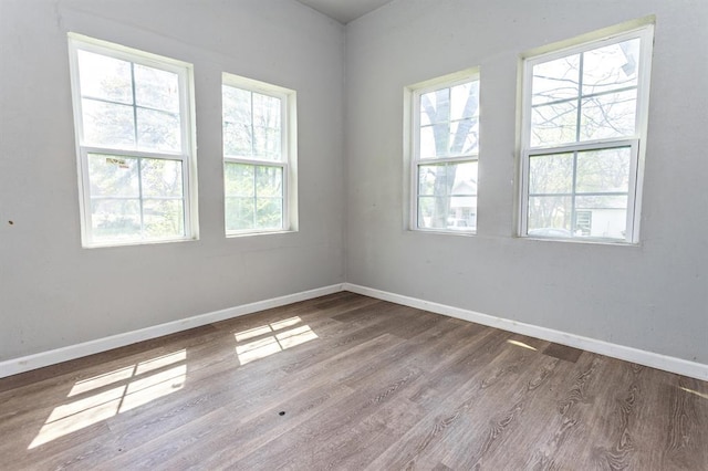 empty room featuring a healthy amount of sunlight, wood finished floors, and baseboards