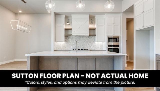10000 Calypso Way, Yukon, OK 73099 - kitchen with stainless steel appliances, decorative backsplash, open shelves, and light countertops