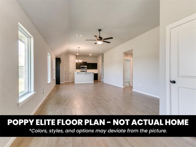 1116 SW 139th St, Oklahoma City, OK 73170 - unfurnished living room featuring a chandelier, a ceiling fan, vaulted ceiling, light wood finished floors, and baseboards
