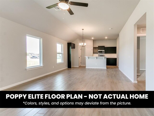 1116 SW 139th St, Oklahoma City, OK 73170 - unfurnished living room with ceiling fan, a chandelier, light wood-style flooring, baseboards, and lofted ceiling