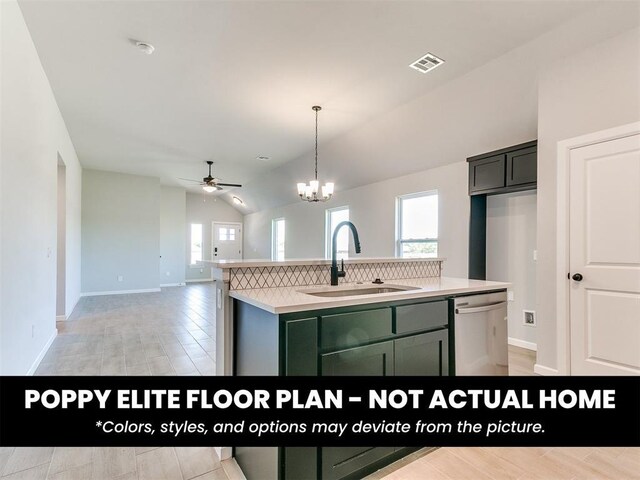 1116 SW 139th St, Oklahoma City, OK 73170 - kitchen with a sink, dishwasher, decorative backsplash, a ceiling fan, and vaulted ceiling