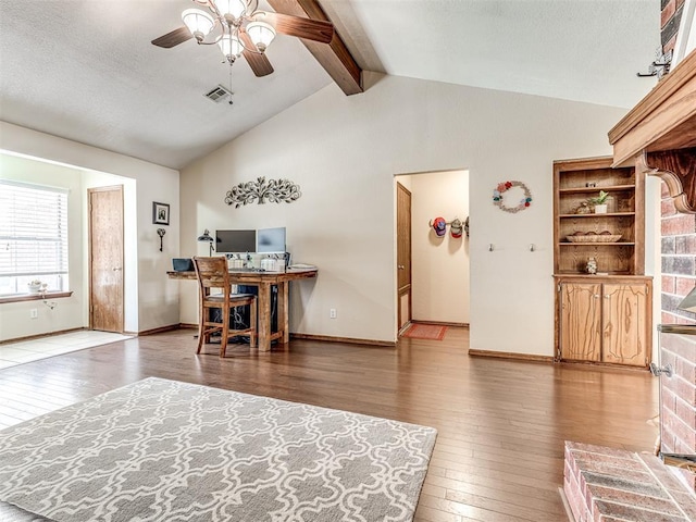 933 Luglena Ln, Purcell, OK 73080 - office space featuring wood-type flooring, a ceiling fan, beamed ceiling, baseboards, and high vaulted ceiling