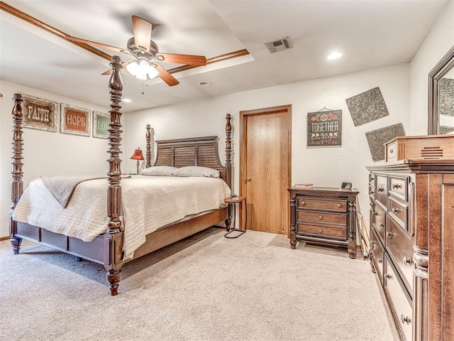 933 Luglena Ln, Purcell, OK 73080 - bedroom featuring light carpet, ceiling fan, and recessed lighting