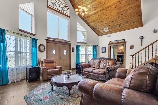 living area featuring high vaulted ceiling, plenty of natural light, wood finished floors, and wood ceiling