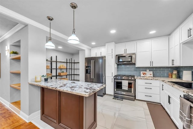 2736 Pembroke Ter, Oklahoma City, OK 73116 - kitchen with crown molding, tasteful backsplash, stainless steel appliances, a peninsula, and light stone countertops