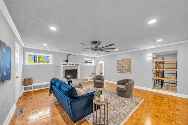 2736 Pembroke Ter, Oklahoma City, OK 73116 - living room with recessed lighting, visible vents, baseboards, and ornamental molding