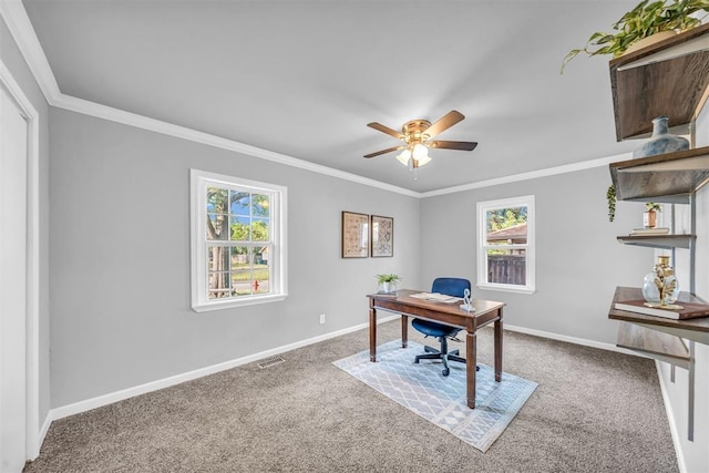 2736 Pembroke Ter, Oklahoma City, OK 73116 - home office featuring ceiling fan, a wealth of natural light, baseboards, and carpet