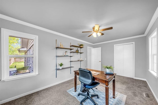 2736 Pembroke Ter, Oklahoma City, OK 73116 - carpeted office space featuring visible vents, ornamental molding, baseboards, and ceiling fan