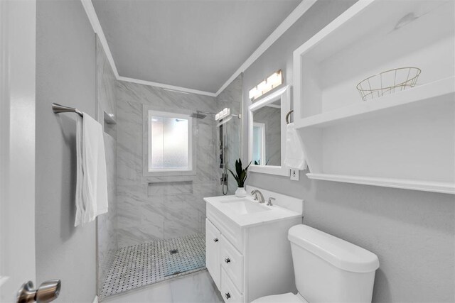 2736 Pembroke Ter, Oklahoma City, OK 73116 - full bathroom with a marble finish shower, vanity, marble finish floor, toilet, and ornamental molding