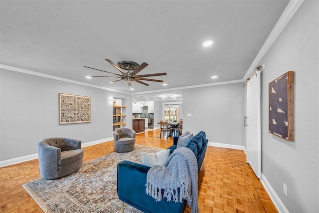 2736 Pembroke Ter, Oklahoma City, OK 73116 - living room with ceiling fan, baseboards, ornamental molding, and recessed lighting