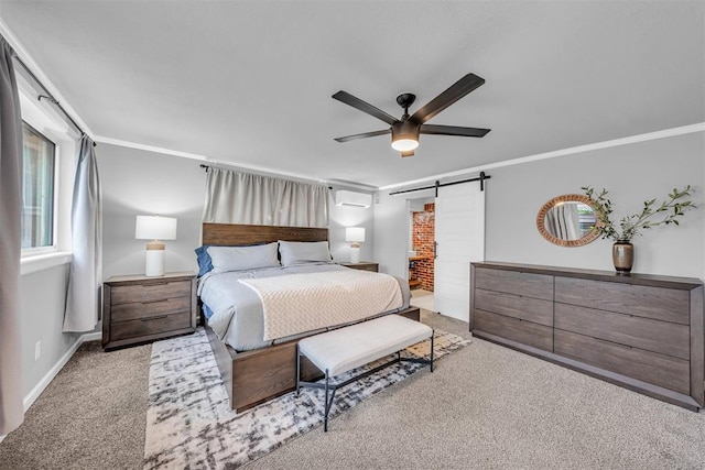 2736 Pembroke Ter, Oklahoma City, OK 73116 - carpeted bedroom featuring a ceiling fan, baseboards, ornamental molding, and a barn door