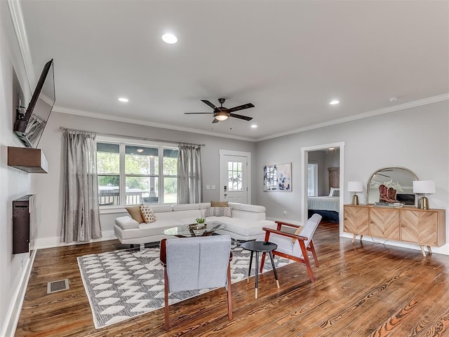 1629 N Klein Ave, Oklahoma City, OK 73106 - living area featuring visible vents, ceiling fan, crown molding, recessed lighting, and wood finished floors