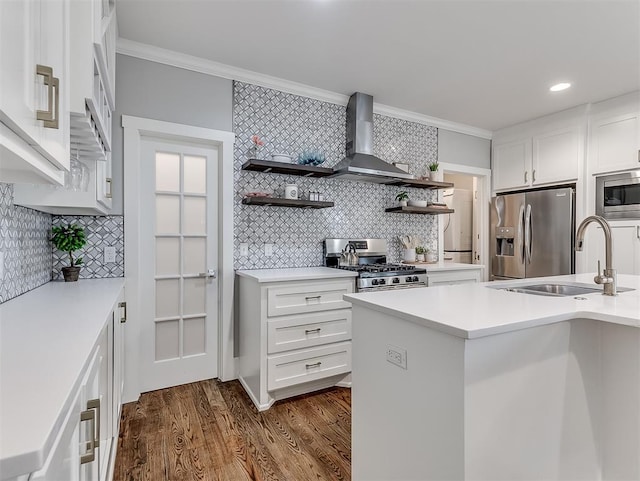 1629 N Klein Ave, Oklahoma City, OK 73106 - kitchen with wall chimney range hood, ornamental molding, open shelves, appliances with stainless steel finishes, and a sink
