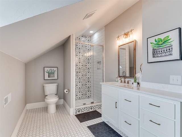 1629 N Klein Ave, Oklahoma City, OK 73106 - full bath featuring vanity, baseboards, toilet, a shower stall, and lofted ceiling