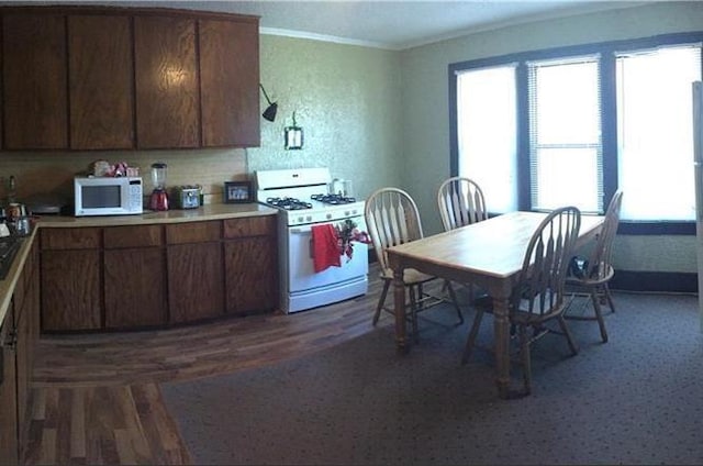 kitchen featuring crown molding, white appliances, plenty of natural light, and dark wood finished floors