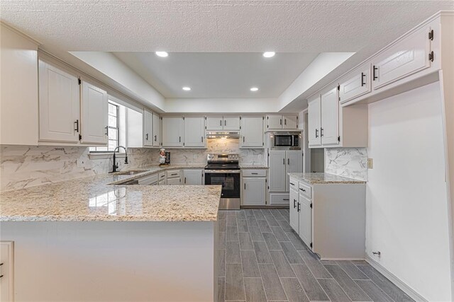11800 Shasta Ln, Oklahoma City, OK 73162 - kitchen with a peninsula, appliances with stainless steel finishes, under cabinet range hood, a sink, and decorative backsplash