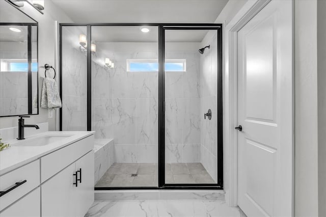 508 NW 175th St, Edmond, OK 73012 - full bathroom featuring a marble finish shower, vanity, marble finish flooring, and recessed lighting
