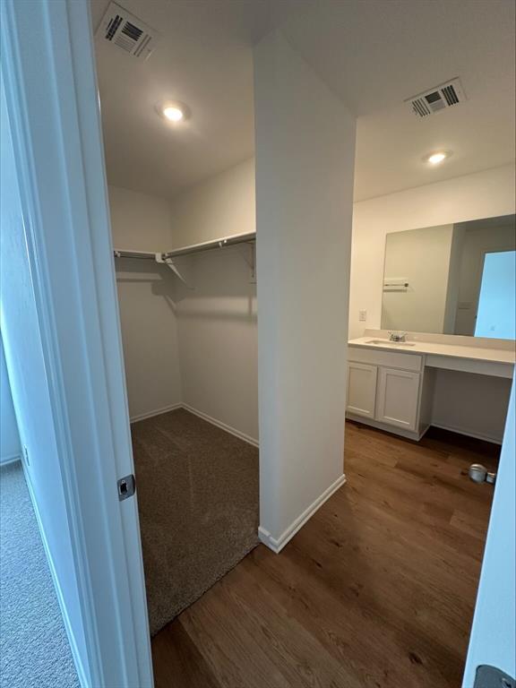 794 SW 11th St, Newcastle, OK 73065 - spacious closet with built in desk, dark wood-style floors, a sink, and dark colored carpet
