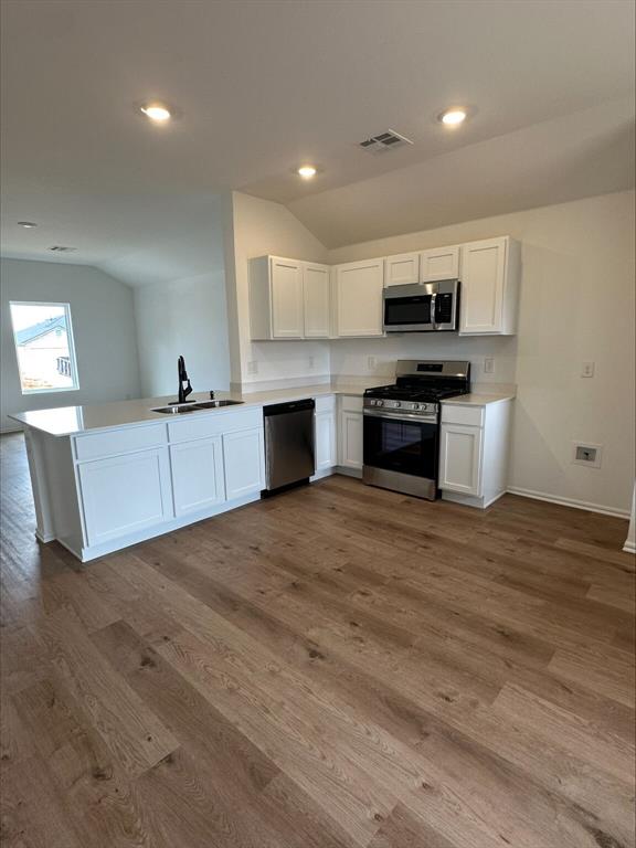 794 SW 11th St, Newcastle, OK 73065 - kitchen featuring appliances with stainless steel finishes, a sink, lofted ceiling, wood finished floors, and white cabinetry