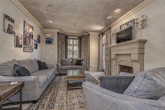 5100 Wisteria Dr, Oklahoma City, OK 73142 - living area with a fireplace and crown molding