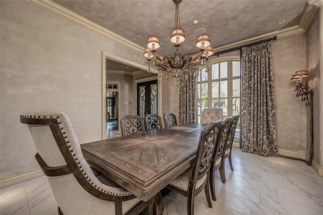 5100 Wisteria Dr, Oklahoma City, OK 73142 - dining area with ornamental molding, baseboards, marble finish floor, and a notable chandelier