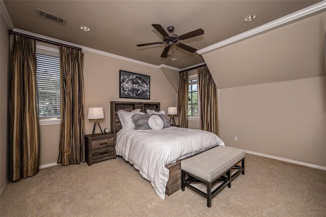 5100 Wisteria Dr, Oklahoma City, OK 73142 - bedroom featuring visible vents, baseboards, ornamental molding, recessed lighting, and light carpet