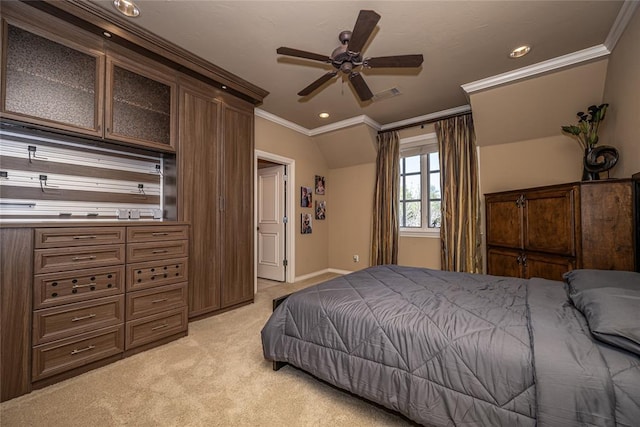 5100 Wisteria Dr, Oklahoma City, OK 73142 - bedroom with baseboards, ornamental molding, ceiling fan, recessed lighting, and light carpet