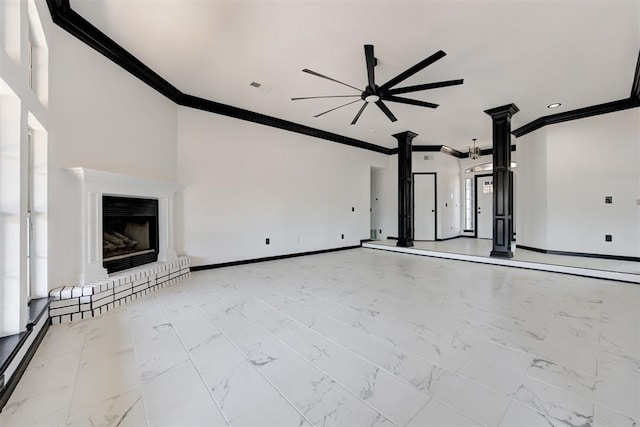 unfurnished living room with crown molding, visible vents, ceiling fan, and baseboards