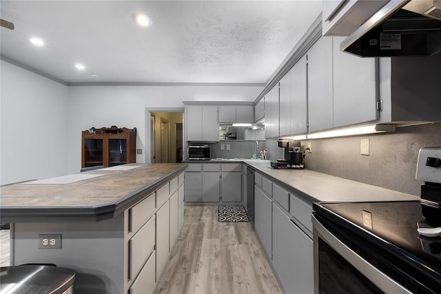 kitchen featuring a center island, under cabinet range hood, a sink, stainless steel appliances, and light wood finished floors