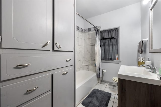 bathroom with vanity, baseboards, shower / bath combination with curtain, toilet, and marble finish floor
