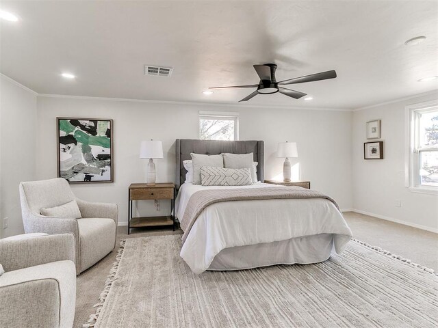 1804 Guilford Ln, Nichols Hills, OK 73120 - bedroom with visible vents, ceiling fan, multiple windows, and recessed lighting