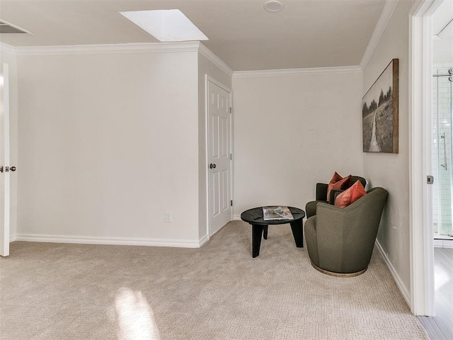 1804 Guilford Ln, Nichols Hills, OK 73120 - living area featuring baseboards, ornamental molding, visible vents, and carpet floors