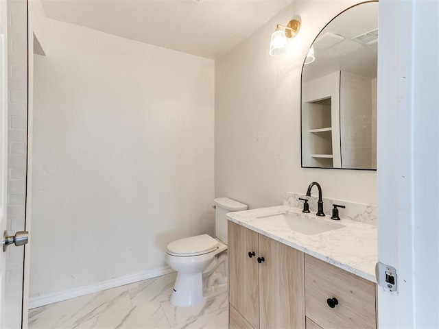 1804 Guilford Ln, Nichols Hills, OK 73120 - bathroom featuring vanity, baseboards, toilet, visible vents, and marble finish floor