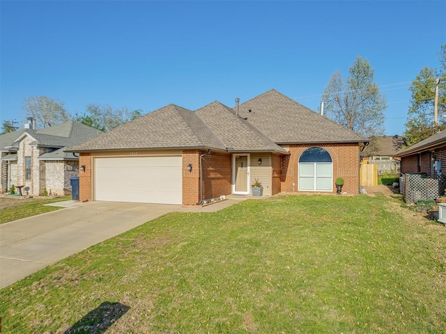 single story home with roof with shingles, brick siding, and an attached garage