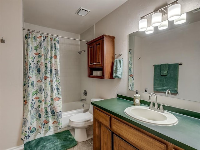 bathroom with toilet, vanity, shower / bath combination with curtain, and visible vents