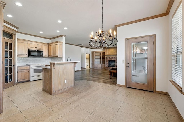 1240 Penny Ln, El Reno, OK 73036 - kitchen featuring light tile patterned flooring, crown molding, black microwave, open floor plan, and electric stove