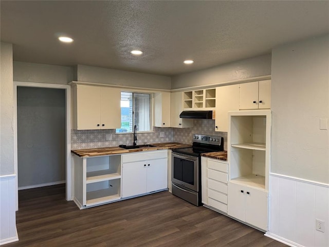 kitchen featuring electric range, decorative backsplash, under cabinet range hood, and open shelves