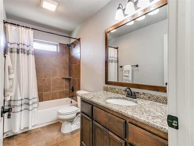 full bathroom featuring toilet, shower / bathtub combination with curtain, and vanity