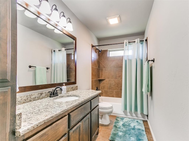 bathroom with toilet, shower / tub combo, vanity, and tile patterned flooring
