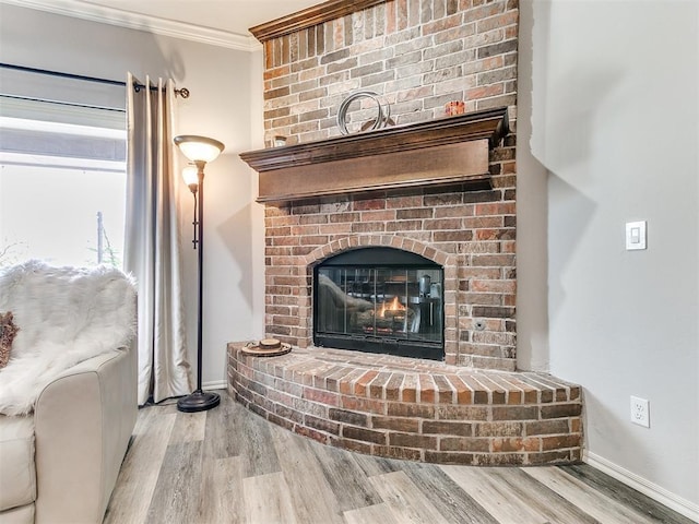 room details with a brick fireplace, crown molding, wood finished floors, and baseboards
