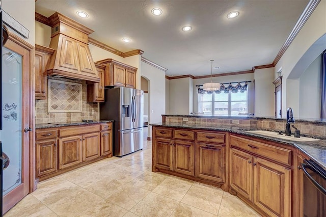11016 Katie Beth Ln, Oklahoma City, OK 73170 - kitchen featuring black appliances, custom range hood, a sink, decorative backsplash, and brown cabinetry