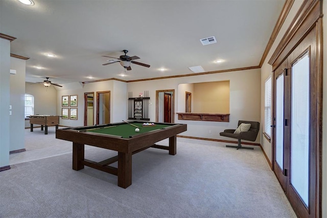 11016 Katie Beth Ln, Oklahoma City, OK 73170 - rec room featuring light colored carpet, billiards, crown molding, baseboards, and a ceiling fan